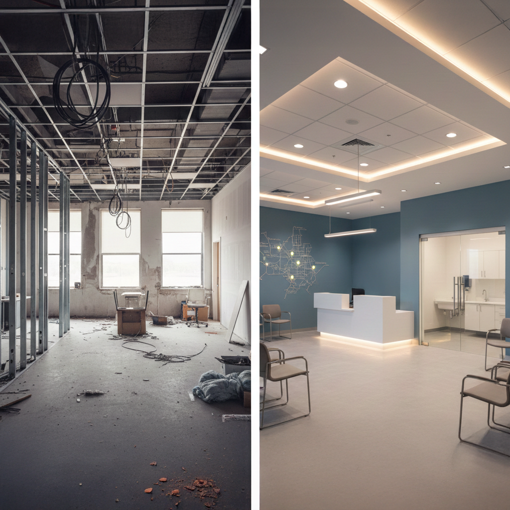 A high-contrast split-screen image showing a "Before and After" commercial renovation in Greenville. On the left, a raw office construction site with exposed metal studs and hanging wires; on the right, a finished modern medical clinic reception area featuring sleek blue walls, professional acoustical ceiling clouds with LED lighting, and a clean minimalist desk.